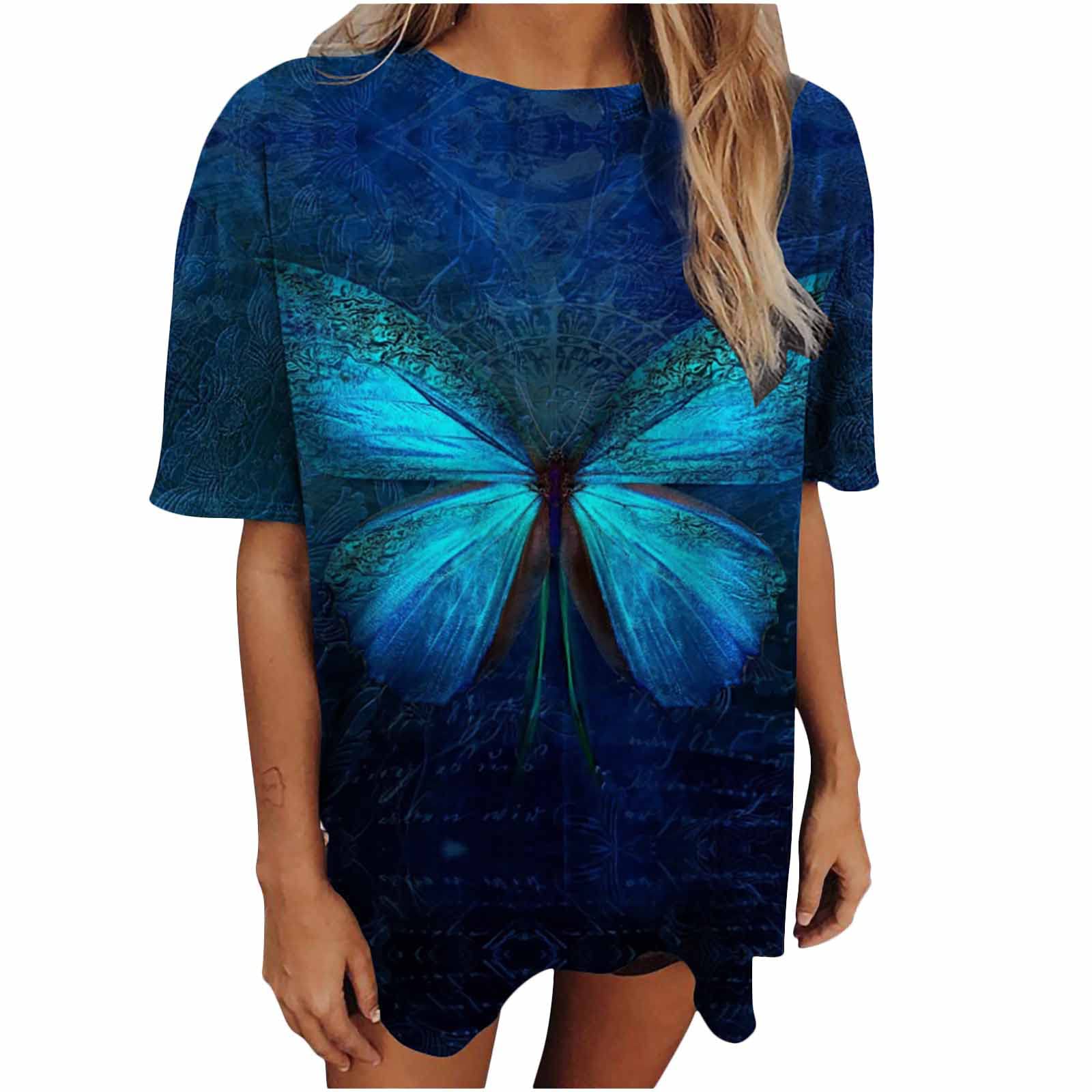 Vintage Drop Sleeve T-Shirt for Women - Short Sleeve Oversized Blouse with Butterfly Graphic | Casual Pullover Tee for Everyday Wear, Street Style & Summer Outfits