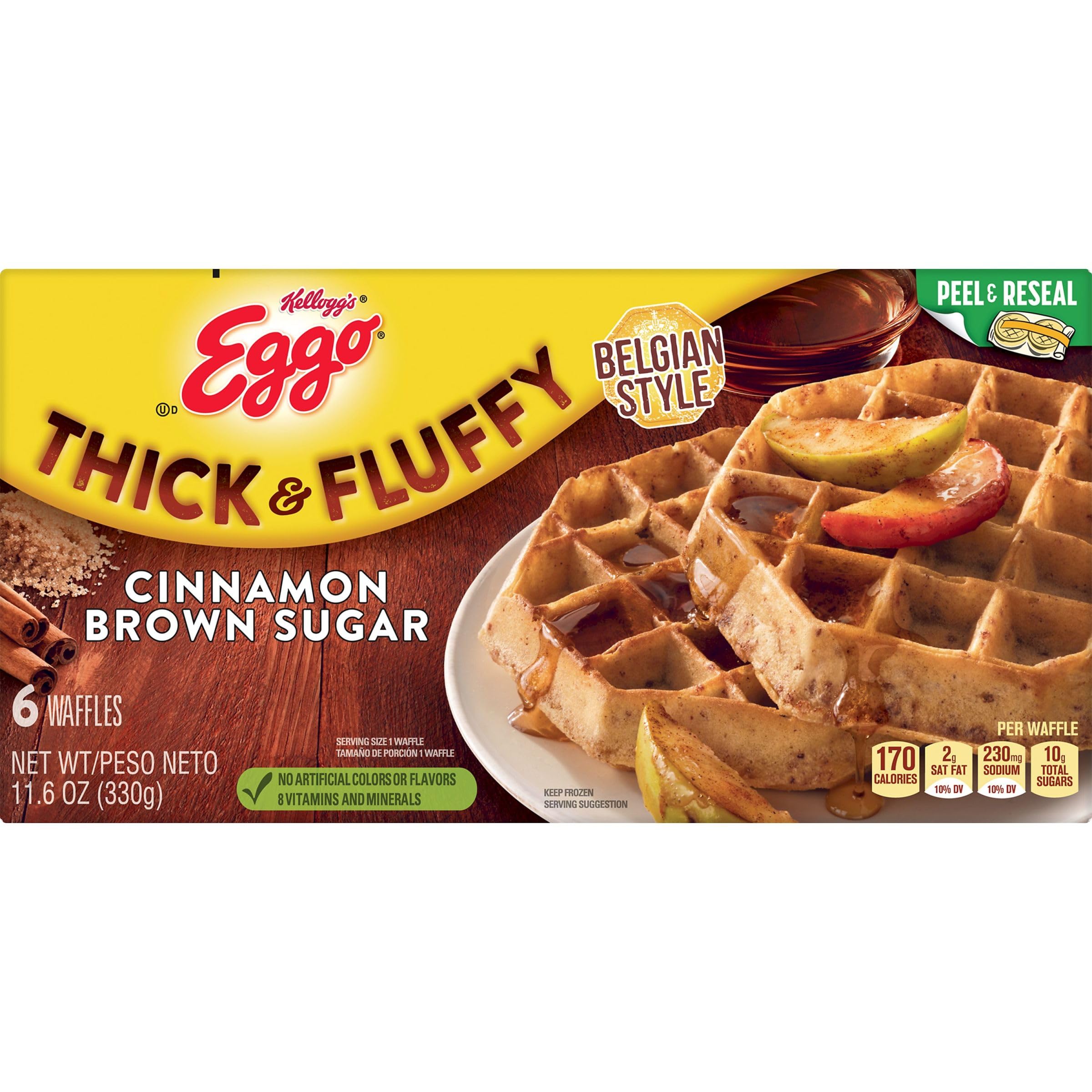 Eggo Thick & Fluffy Frozen Waffles - Belgian Style Cinnamon Brown Sugar Breakfast (11.6oz, 6 Waffles) | Resealable Pack | Perfect for Quick Breakfast, Kids Lunch, or Snack Time