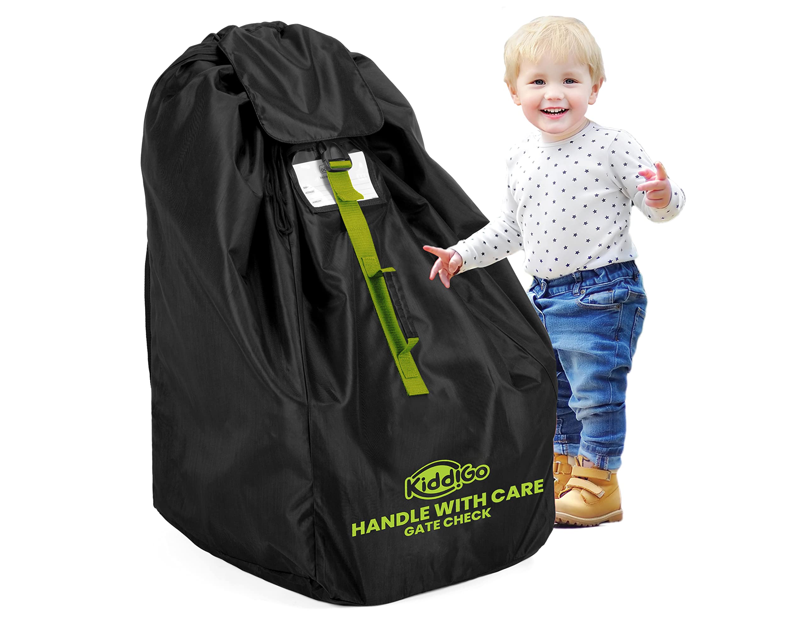 KiddiGo Universal Car Seat Travel Bag for Airplanes - Black & Green, 33”H x 18”W x 18”D - Fits Most Convertible, Booster & Infant Car Seats - Gate Check Approved Protective Cover with Easy Carry Handle | Perfect for Family Travel, Airplane Trips & Road Trips