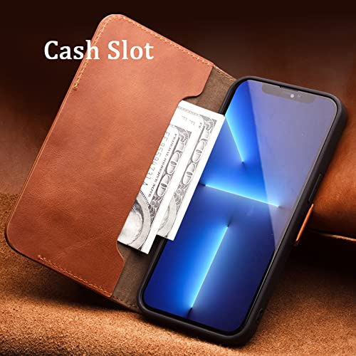Premium Genuine Leather Wallet Case for iPhone 13 Pro Max/13 Pro/13/13 Mini - RFID Blocking Card Slots, Magnetic Closure & Kickstand (Black, 6.1