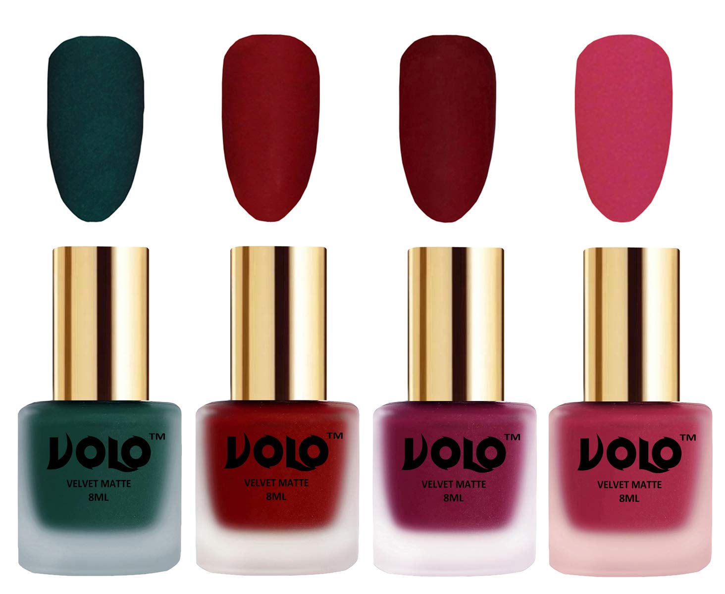 Volo Velvet Matte Nail Polish Set - 4 Pack (Dark Green, Tomato Red, Carrot Red, Passion Pink, 32ml Each) | Long-Lasting Vegan Nail Polish for Parties, Weddings & Special Occasions