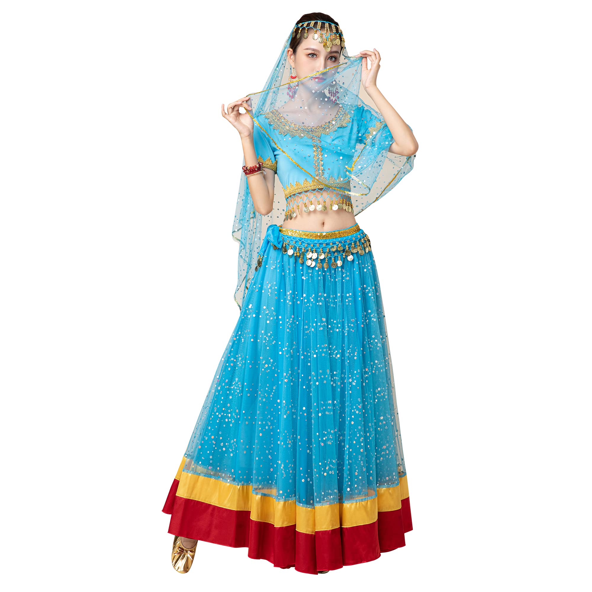 MISI CHAO Women's Belly Dance Costume - Elegant Bollywood Chiffon Dress with Head Veil for Halloween, Party & Performance | Perfect for Dance Shows, Cosplay & Themed Events