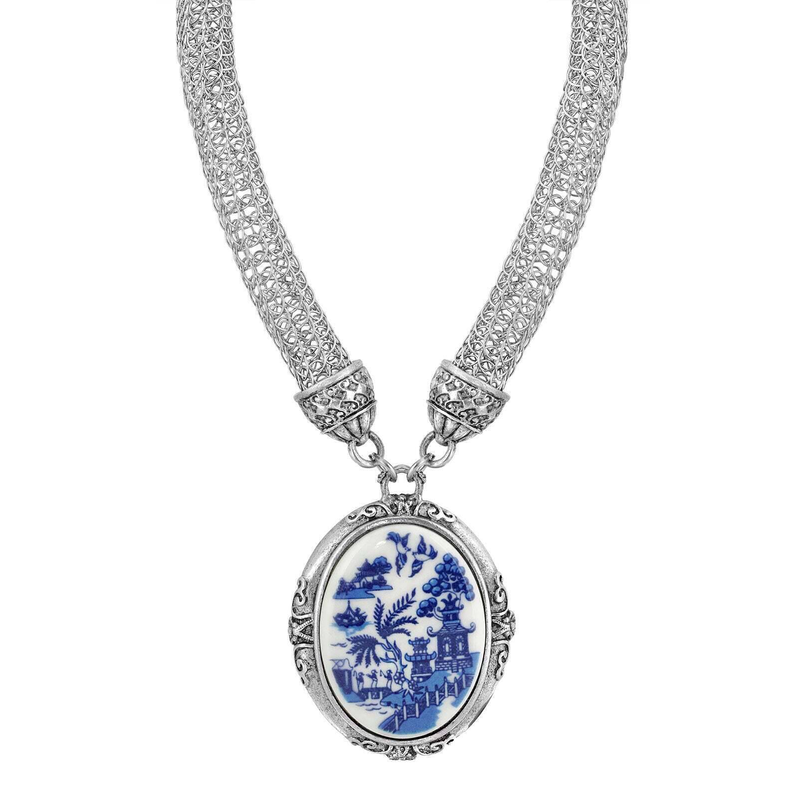 1928 Jewelry Blue Willow Signature Oval Pendant Necklace - 18