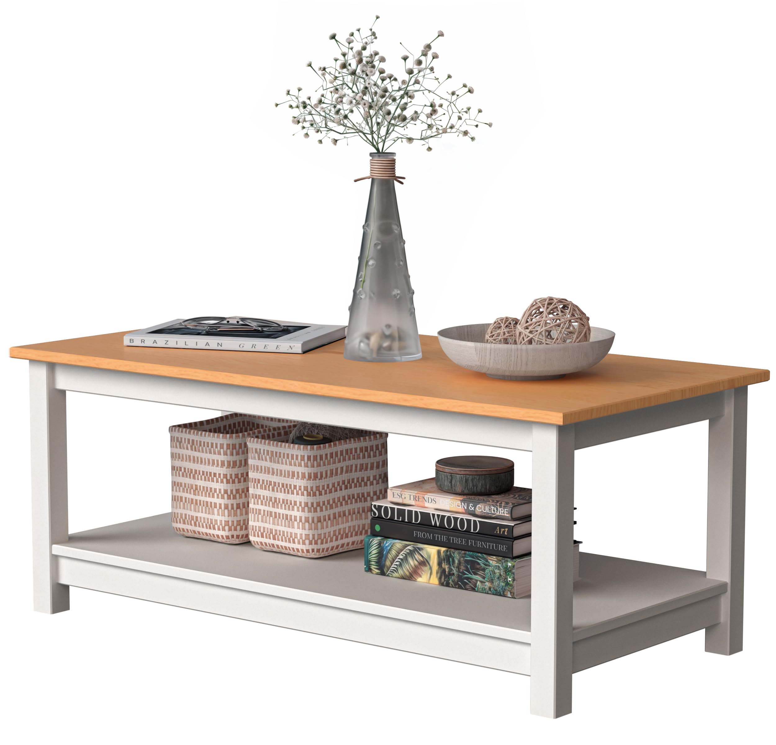 White & Pine Coffee Table with Storage Shelf - Modern Living Room Furniture for Small Spaces, Home Decor & Organization | Perfect for Apartments, Dorms & Cozy Spaces