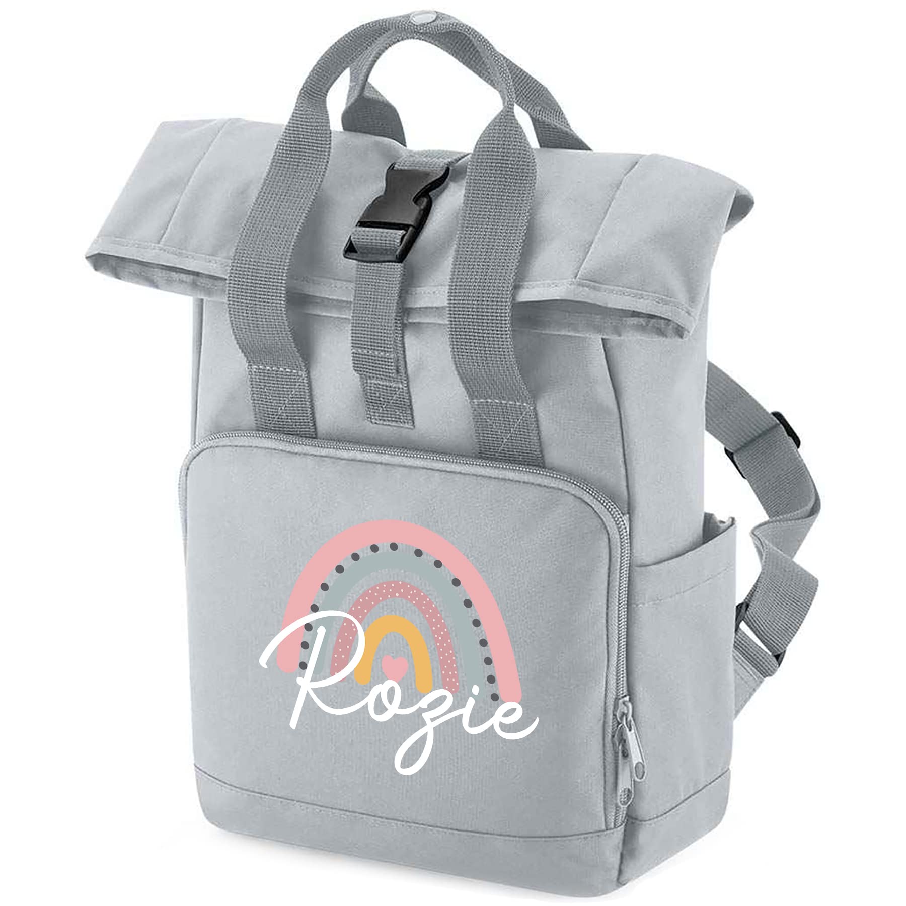 Personalized Rainbow Mini Roll Top Backpack for Girls - Toddler Preschool School Rucksack, Blush Pink Nursery Bag - Perfect for School, Travel & Daily Use as a Cute Little Girl Gift (One Size)