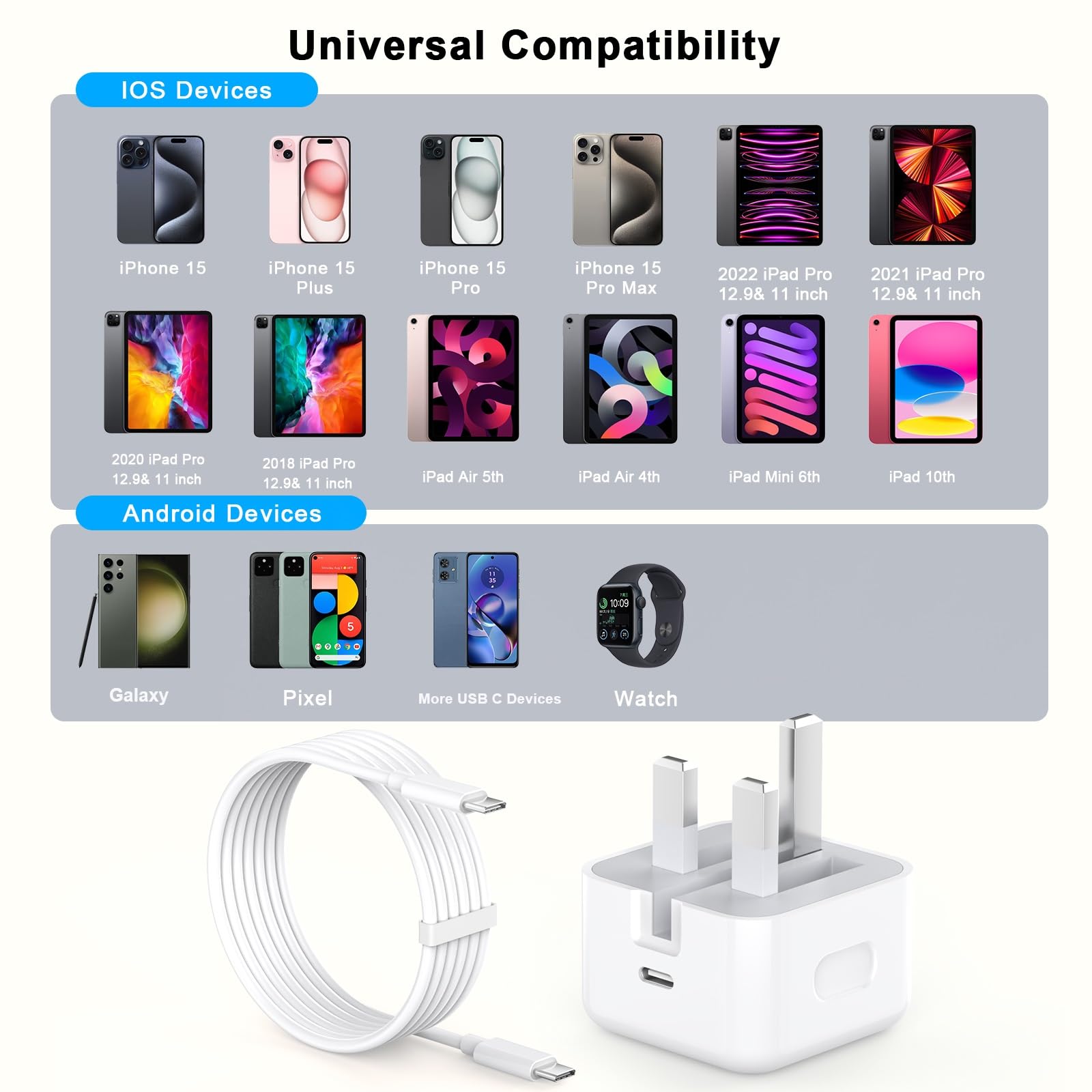 MFi Certified 20W PD USB C Fast Charger & 3M Extra Long USB C to C Cable - Compatible with iPhone 16/16 Plus/16 Pro/16 Pro Max/15/15 Plus/15 Pro/15 Pro Max - UK Power Adapter Plug - Perfect for Home, Office & Travel Charging