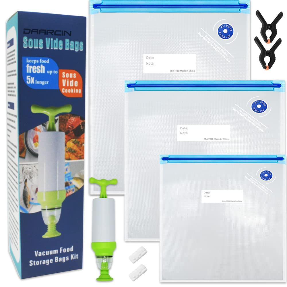 Daarcin 20-Pack Sous Vide Bags Kit with Hand Pump - 3 Sizes (15 BPA-Free Reusable Vacuum Sealer Bags, 2 Zipper Clips, 2 Clamps) for Food Storage, Meal Prep & Sous Vide Cooking - Perfect for Home Chefs & Kitchen Enthusiasts