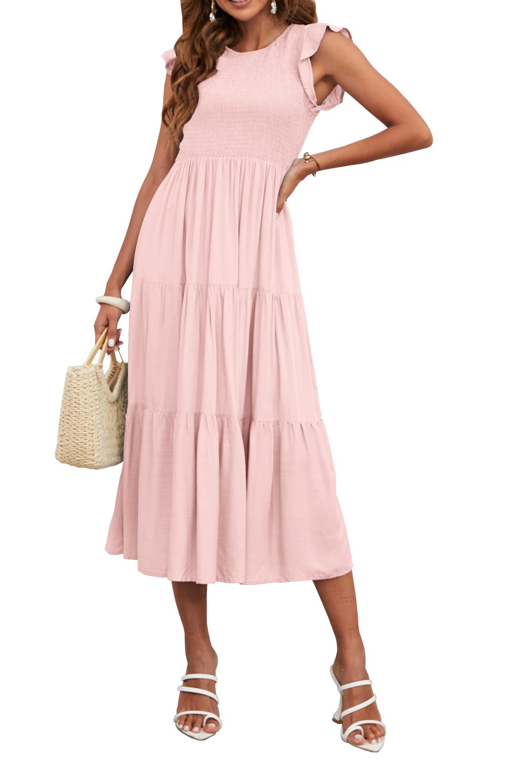 Kalssior Women's Summer Casual Midi Dress - Smocked Crewneck, Flutter Short Sleeve, Boho Tiered Maxi Dress for Beach, Vacation & Everyday Wear