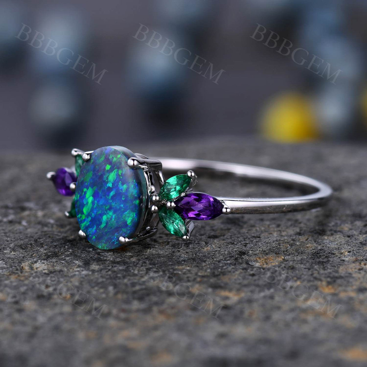 1.5CT Oval Cut Black Opal Rose Gold Engagement Ring with Marquise Amethyst & Emerald Accents - Perfect for Proposals, Anniversaries & Special Occasions