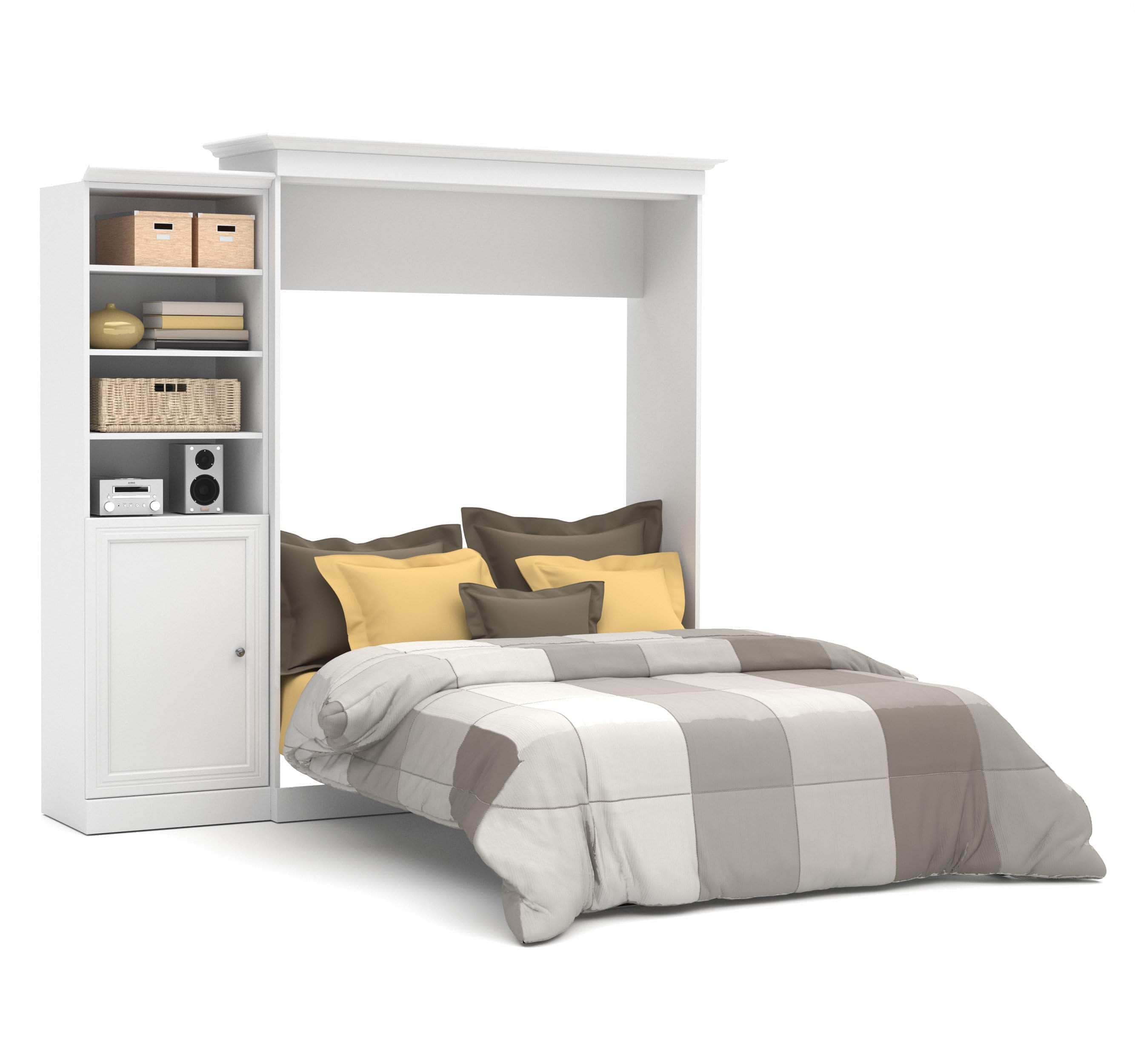 Versatile Queen Murphy Wall Bed with 1 Storage Unit & Door (92 Inch) - Space Saving Fold Down Bed for Small Apartments, Guest Rooms & Home Offices - White