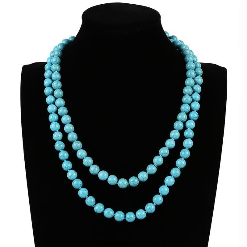 Q&D&S Turquoise Necklace - Round Stone Beads Chunky Fashion Jewelry for Women, Boho Cross Pendant Meditation Necklace - Perfect for Yoga, Spiritual Healing & Everyday Boho Style