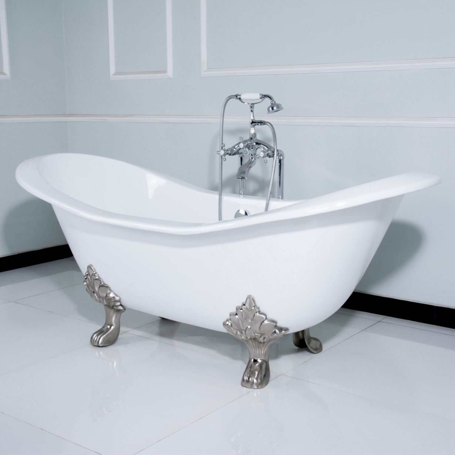 72 Inch White Cast Iron Clawfoot Bathtub - Oval Double Slipper Design with Polished Chrome Feet | Vintage Freestanding Soaking Tub for Luxury Bathroom & Spa Relaxation