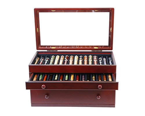 Premium Mahogany Wood Pen Display Case with Glass Top - Holds 46 Pens for Collectors, Writers & Calligraphy Enthusiasts - Perfect for Office Desk, Study Room & Gift Presentation