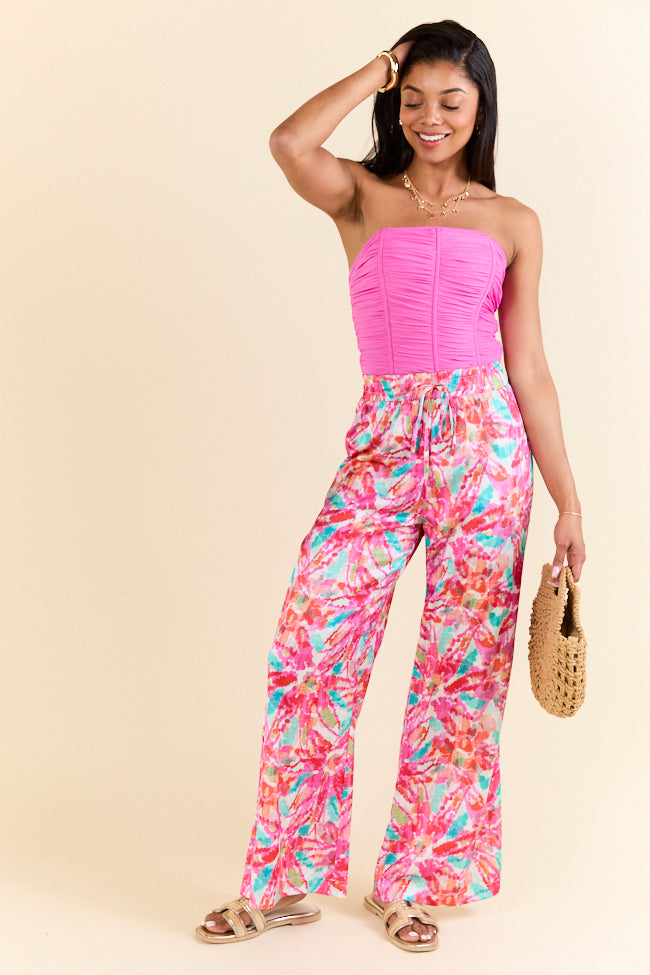 Paddle Out Pink Floral Printed Pull On Pants - Women's Casual Lounge Pants for Yoga, Beach, and Home Comfort