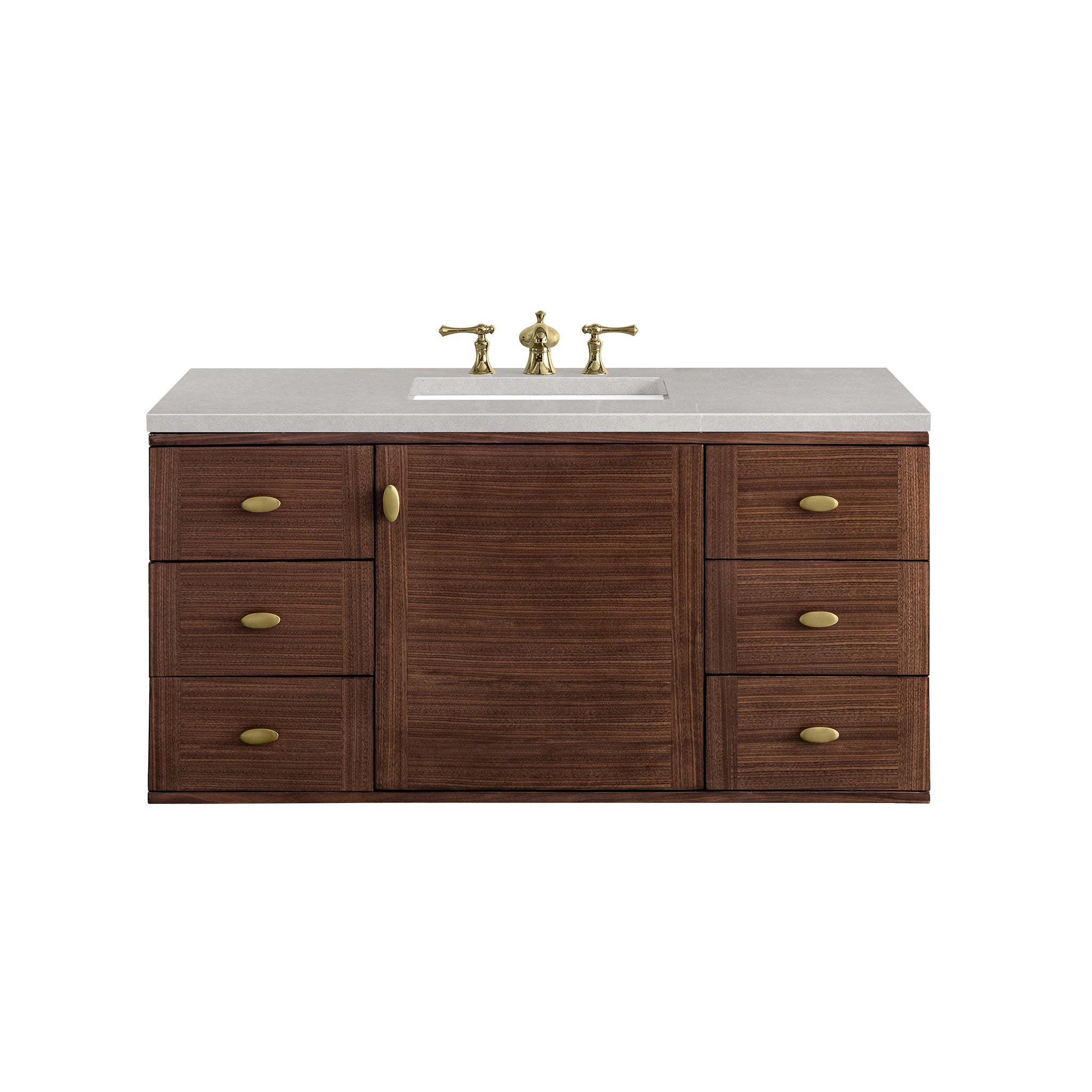 Amberly 48 Inch Single Bathroom Vanity with Mid Century Walnut Finish & 3CM Eternal Serena Stone Top - Perfect for Modern Master Bathrooms and Powder Rooms