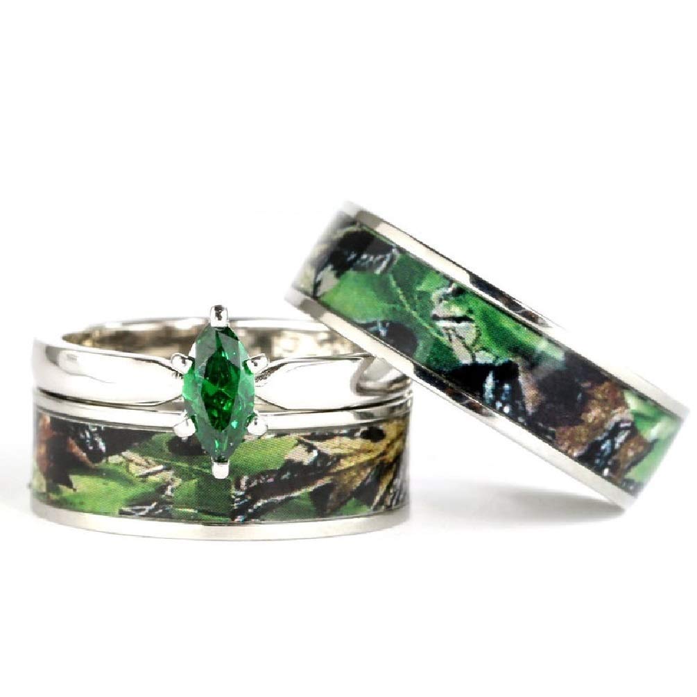 His & Hers Green Camo Wedding Ring Sets - Matching Camo Wedding Bands for Couples - Tungsten Carbide Engagement Ring Set - Durable Comfort Fit Wedding Rings - Camo Rings for Women & Men - Perfect for Outdoor Weddings, Hunting Enthusiasts & Military-Themed Ceremonies