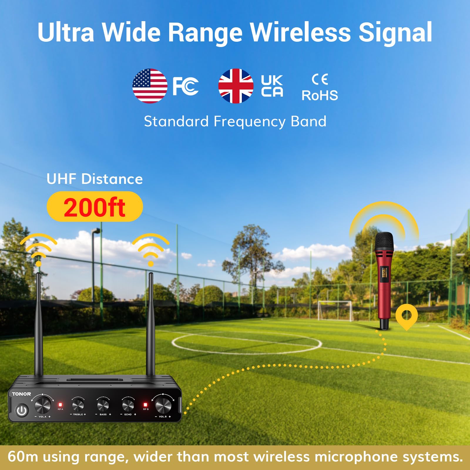 TONOR Wireless Microphone System - UHF Cordless Karaoke Mic with Receiver, Handheld Dynamic Microphone Kit for Singing, Church, Events (200ft Range, Adjustable Frequencies, Black & Red) - Perfect for Home Karaoke, Live Performances, and Public Speaking
