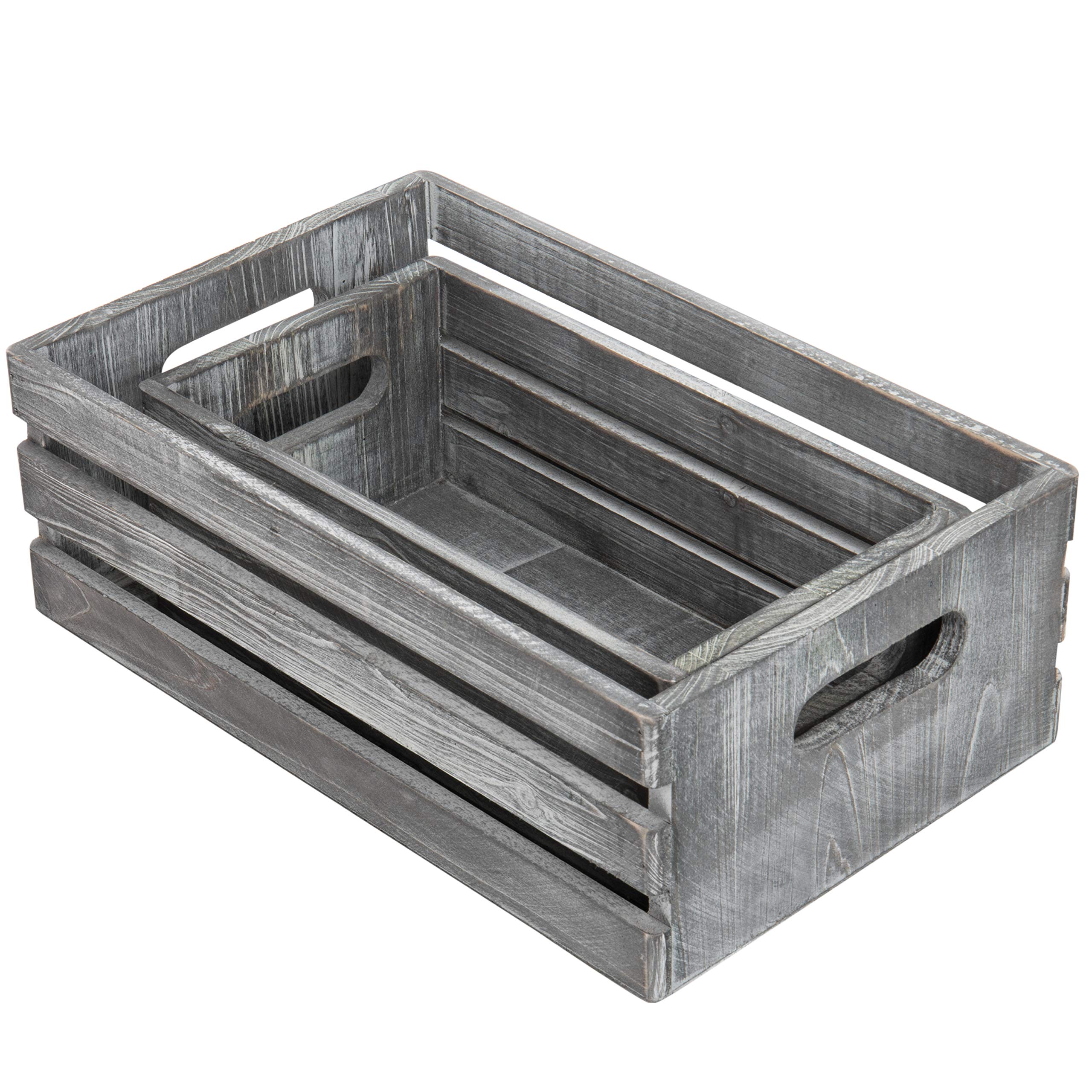 Rustic Dark Gray Wood Decorative Storage Boxes with Cutout Handles - Set of 2 Country Style Nesting Crates, Open Top Pallet Design Bins for Home Office, Farmhouse Decor, and Gift Wrapping