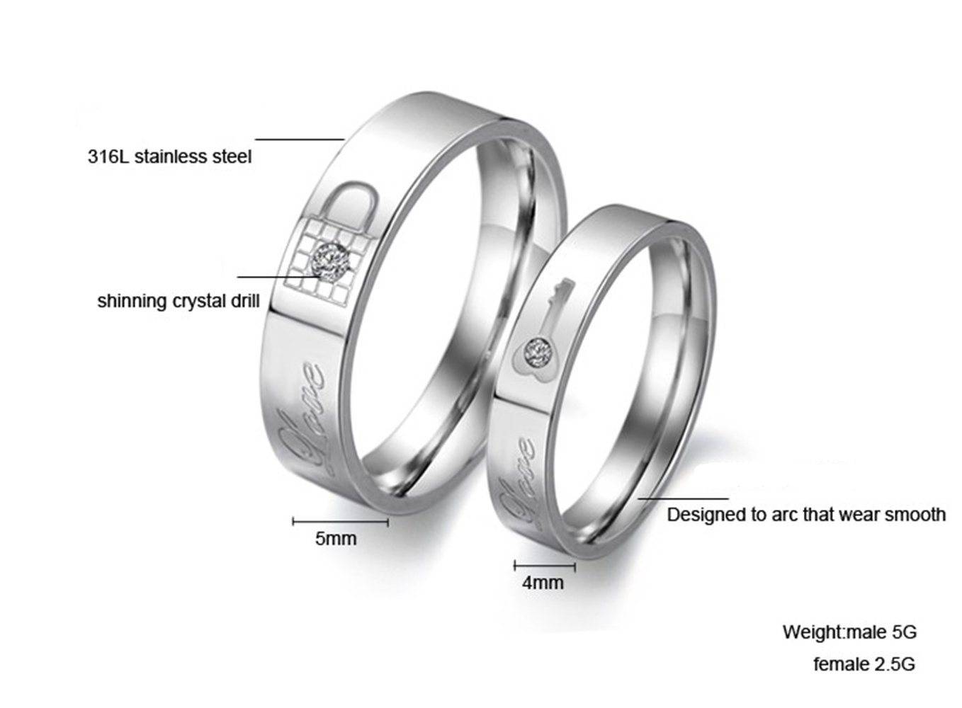 Unique White Titanium Stainless Steel Couple Rings with Love Lock & Key Design, Crystal Inlay Engagement Wedding Bands for Him & Her - Perfect for Anniversaries, Valentine's Day Gifts and Romantic Proposals