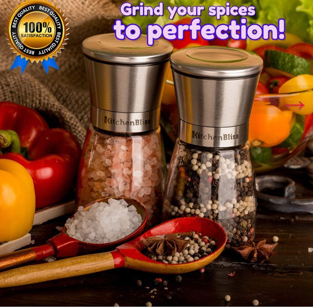 Premium Stainless Steel Salt and Pepper Grinder Set with Ceramic Mill - Adjustable Coarseness for Freshly Ground Spices - Includes Bamboo Spoon & Cleaning Brush - Perfect for Kitchen, Dining Table & Gourmet Cooking