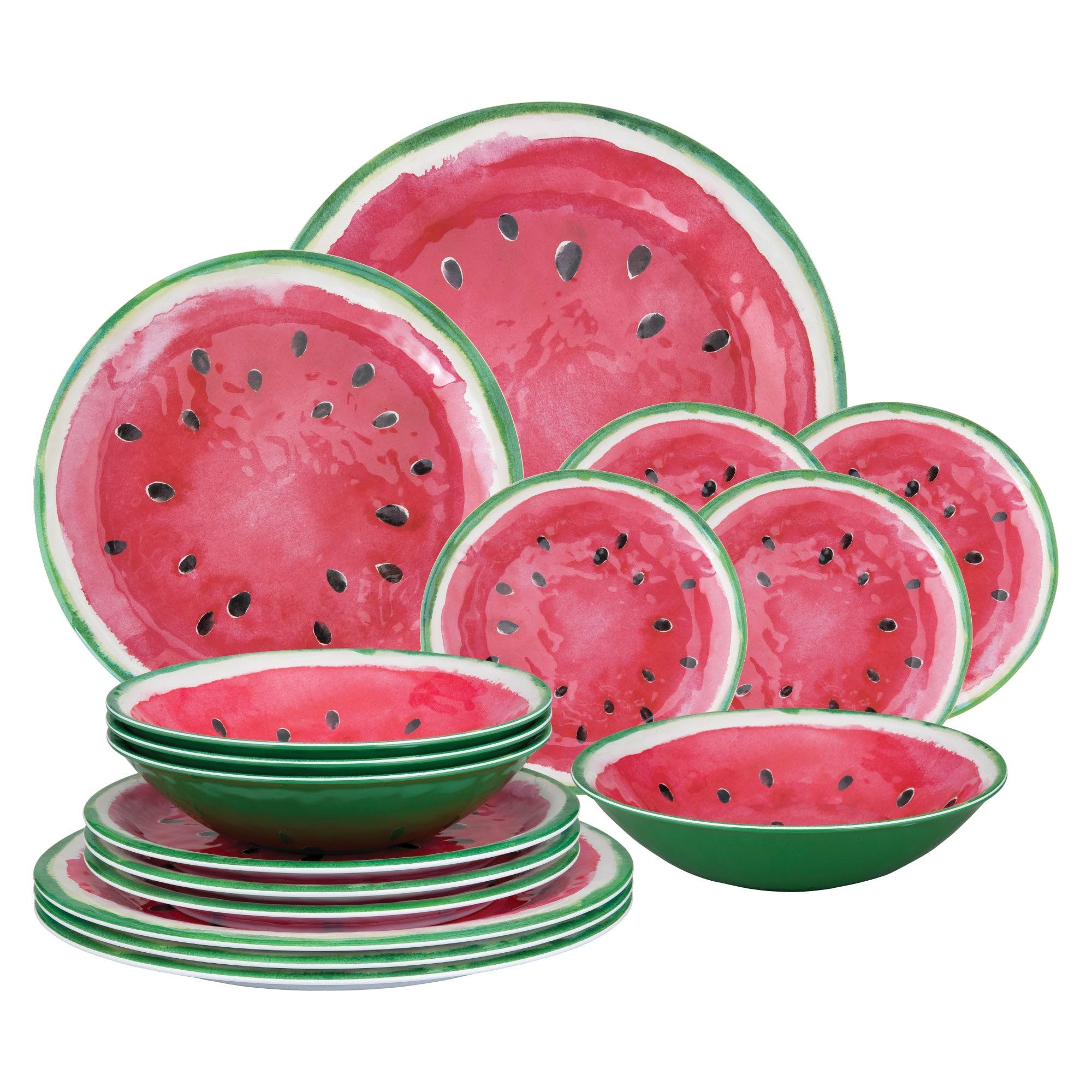 UPware 16-Piece Watermelon Melamine Dinnerware Set - Durable Outdoor Dishes with Plates & Bowls - Service for 4 - Vibrant Red - Perfect for Picnics, BBQs, Pool Parties & Outdoor Dining
