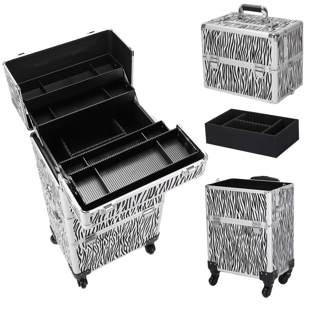 3 in 1 Professional Rolling Train Case - Aluminum Makeup Train Case with 4 Removable Wheels & Lockable Keys | Multifunctional Cosmetic Organizer for Artists, Makeup Professionals & Travel | White Zebra Design