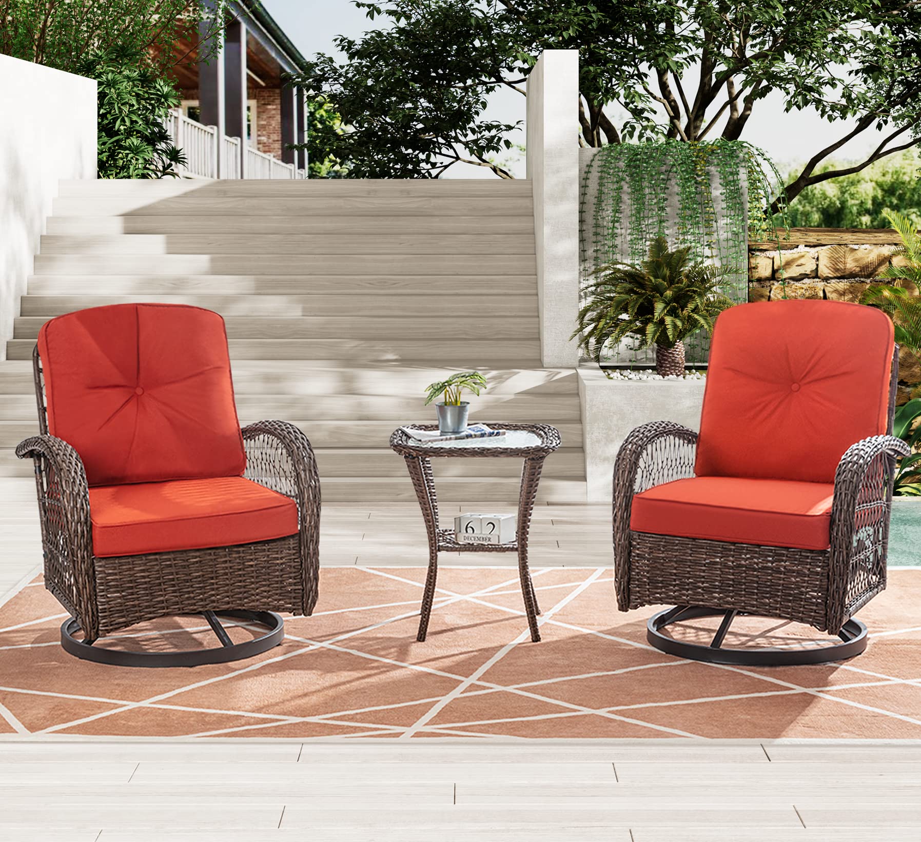 IMUsee 3-Piece Outdoor Wicker Swivel Rocking Patio Set with Cushions - PE Rattan Bistro Chairs with Burnt Red Cushions (Brown & Burnt Red) for Garden, Poolside, and Backyard Relaxation