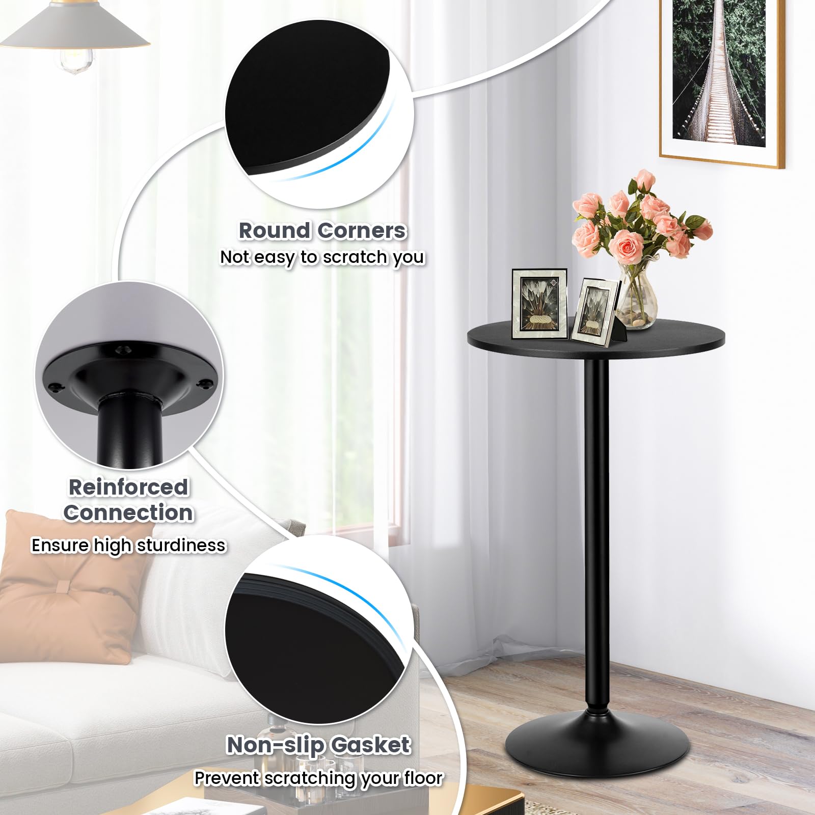 Moccha Pub Bar Table - 40-Inch Tall Round Cafe Table with 24-Inch MDF Tabletop & Metal Base, Modern Cocktail Table for Dining Room, Living Room, Bistro, Restaurant, Home, Black - Perfect for Small Spaces, Patio, and Outdoor Entertaining