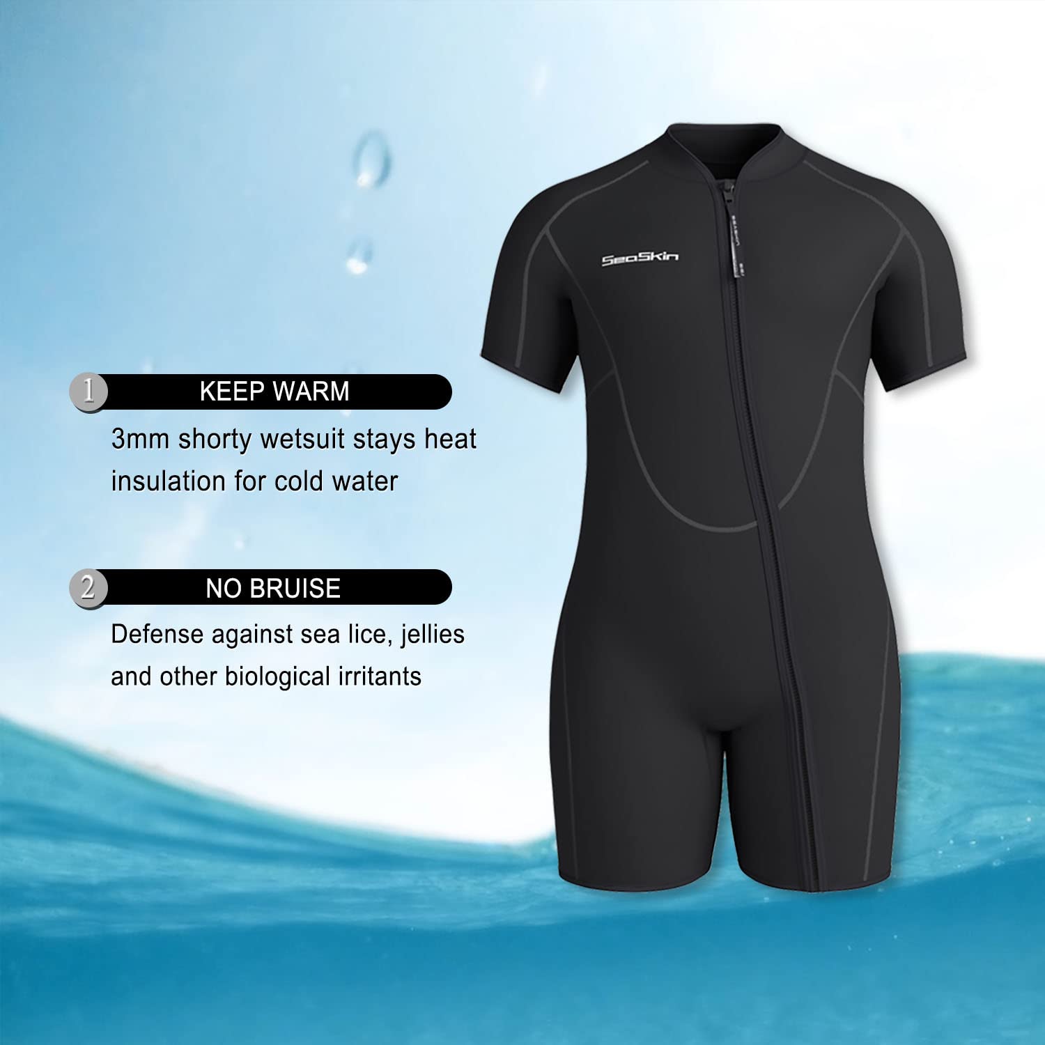 Seaskin 3mm Shorty Wetsuit for Men & Women - Plus Size Neoprene Diving Suit for Snorkeling, Surfing & Water Sports
