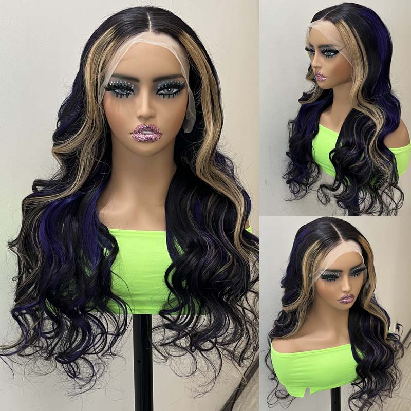 Eullair Black Red Blonde Body Wave Wig with Blue Orange Balayage Highlights - 3 Color Straight Lace Frontal Human Hair Wig for Cosplay, Halloween & Daily Fashion