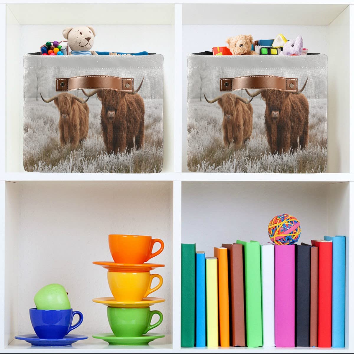 Scottish Highland Cow Fabric Storage Bin - Foldable Storage Basket for Baby Clothes, Dog Toys & Books - Farmhouse Decor Organizer (16×12×8 Inches) - Perfect for Nursery, Closet & Shelf Organization