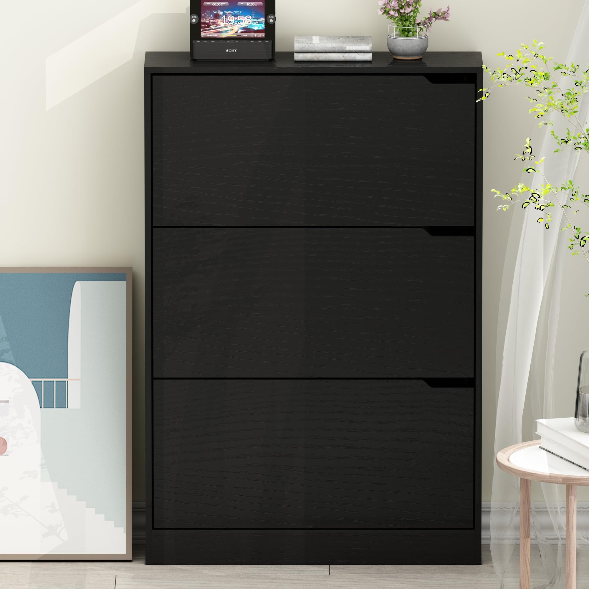Narrow Shoe Storage Cabinet with 3 Flip Drawers - Freestanding Organizer for Entryway & Hallway - Black