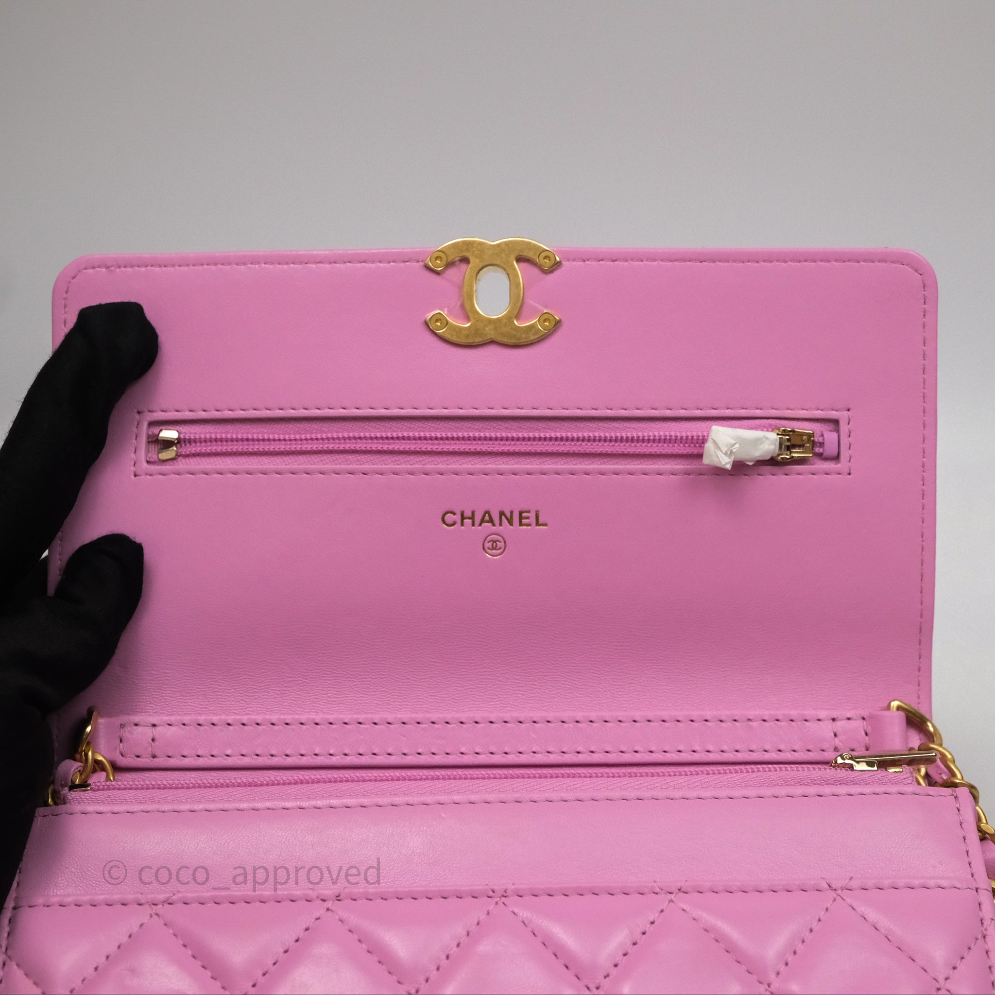 Chanel CC Chain Wallet On Chain WOC in Pink Lambskin with Aged Gold Hardware - Luxury Crossbody Bag for Women, Perfect for Evening Out & Special Occasions
