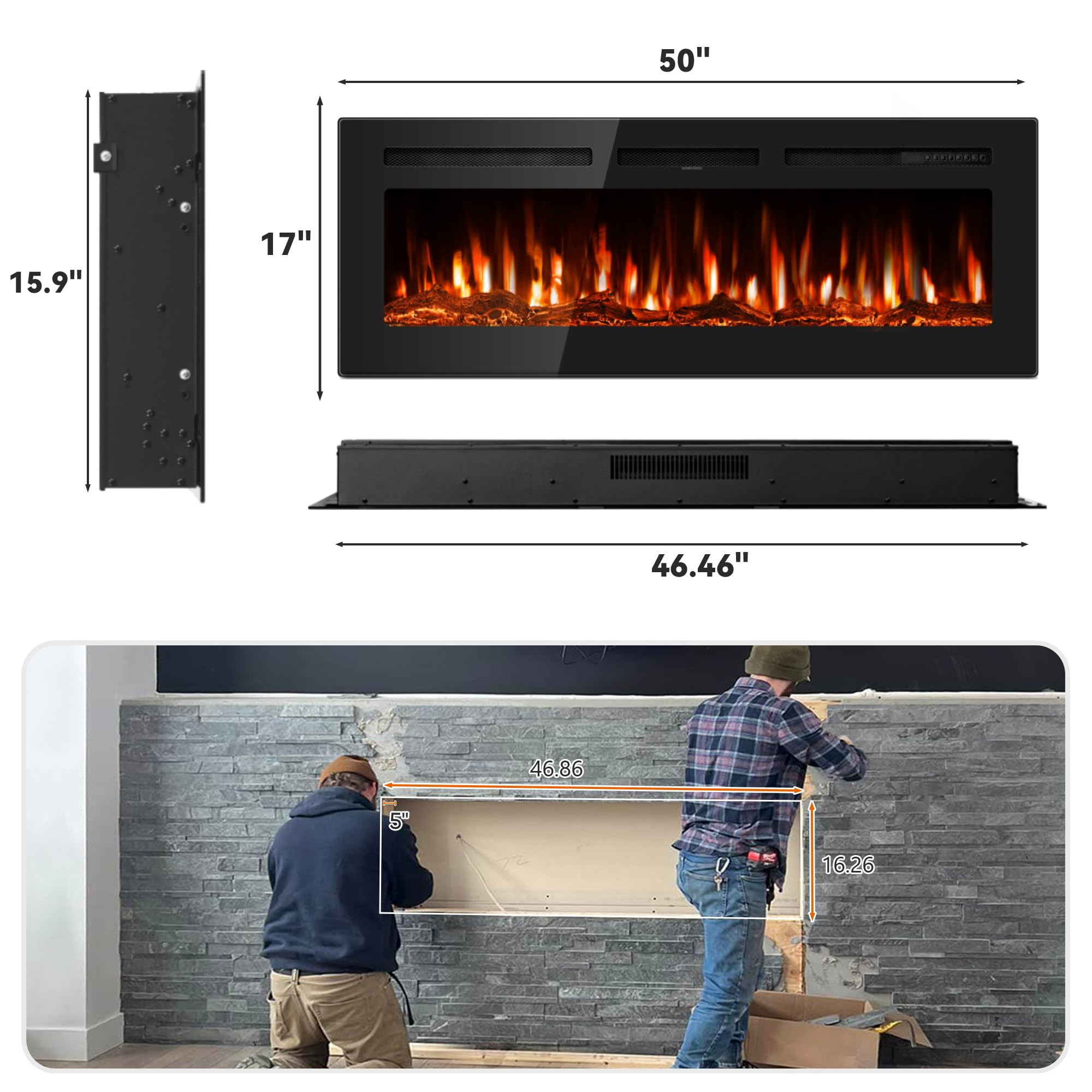 50 Inch Electric Fireplace - Recessed In-Wall & Wall Mounted with Remote Control, 750W/1500W Thin Wall Heater (60-99°F Thermostat) - 12 Adjustable Flame Colors, Timer & Log Set - Perfect for Living Room, Bedroom & Office Warmth & Ambiance
