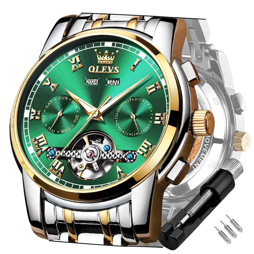OLEVS Men's Automatic Self-Winding Tourbillon Watch - Luxury Mechanical Dress Watch with Stainless Steel Band, Luminous Hands & Waterproof - Perfect for Business, Formal Events & Everyday Wear