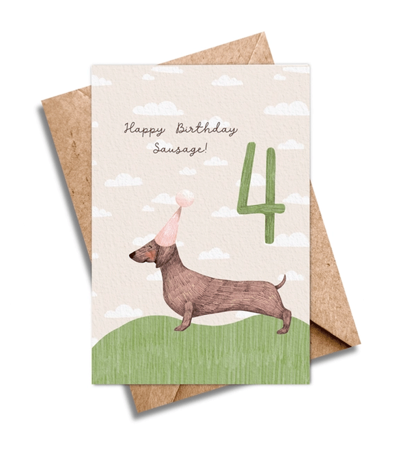 Adorable Sausage Dog Birthday Card for 4 Year Olds | Cute Dachshund Design by Ilana Ewing | Perfect for Kids' Birthday Parties & Animal Lovers