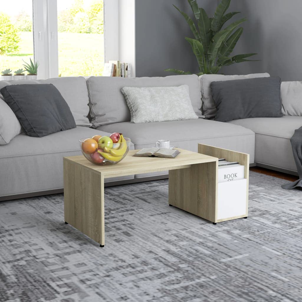 Modern Coffee Table with Openwork Design - Engineered Wood Side Compartment, Easy Assembly in White & Sonoma Oak | Living Room, Office, Dorm Furniture for Home Decor