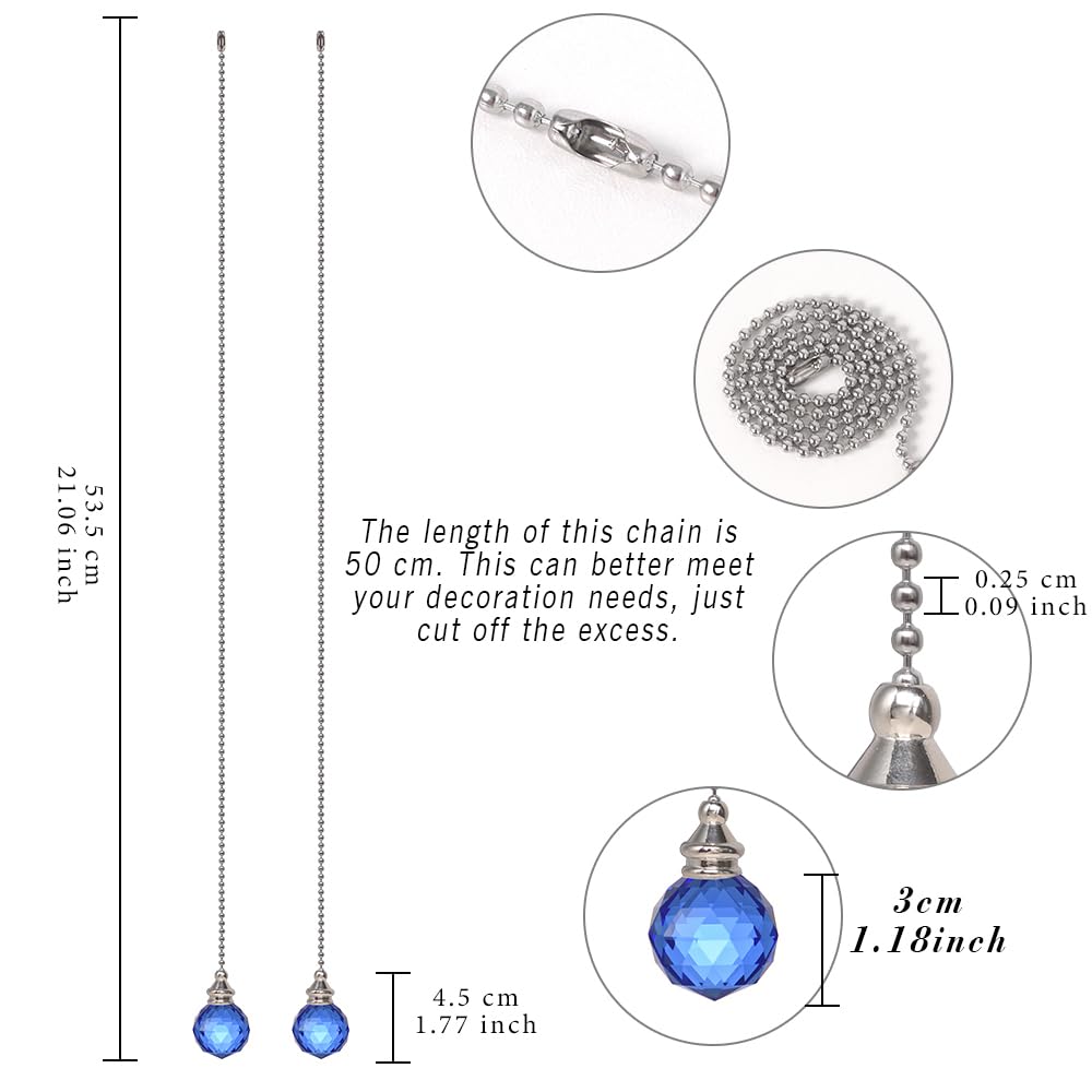 2PCS Blue Crystal Fan Pull Chain - 30mm Extension with Connector for Ceiling Light & Fan - Elegant Prism Ball Design for Home, Bedroom, Living Room Decor
