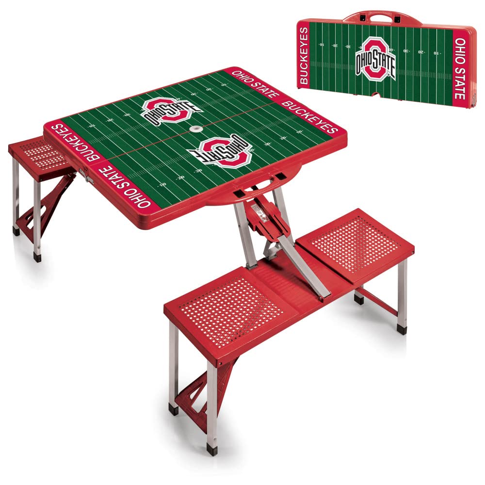PICNIC TIME NCAA Ohio State Buckeyes Football Field Folding Picnic Table - Portable Camping Table with Umbrella Hole - Outdoor Dining & Tailgating Table (Red) - Perfect for Backyards, Parks, Beach & Game Day Parties