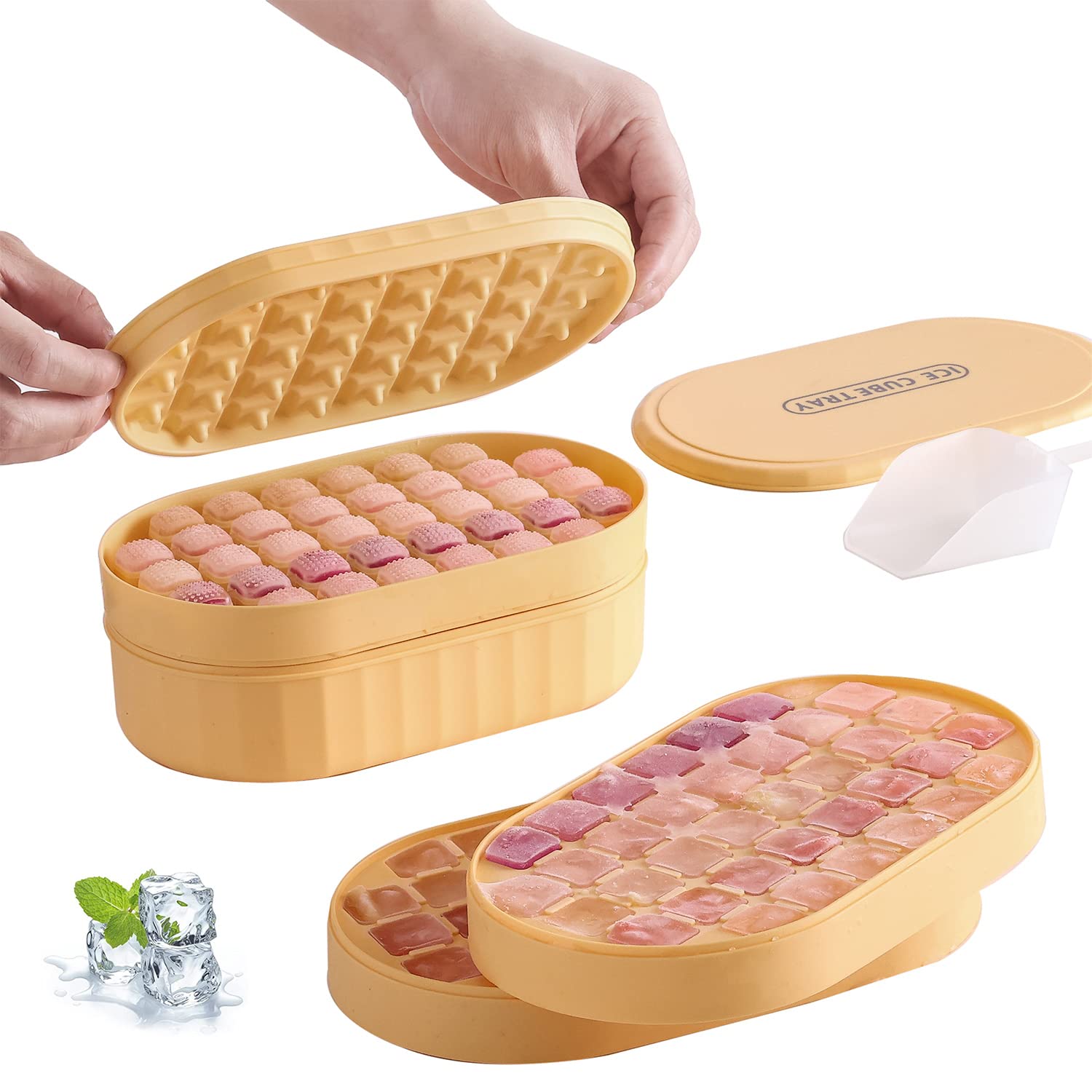 RAVNDOX Ice Cube Trays with Lid - 36 Ice Cubes Per Press, 72 Total - BPA Free Silicone Ice Tray with Storage Bin & Scoop (Orange) - Perfect for Cocktails, Iced Coffee & Party Drinks