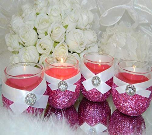 6 Hot Pink Fuchsia Glitter Candle Holders - Elegant Wedding Favors, Bridal & Baby Shower Centerpiece Decorations, Quinceanera Party Supplies - Perfect for Romantic Dinners, Table Settings and Special Occasions