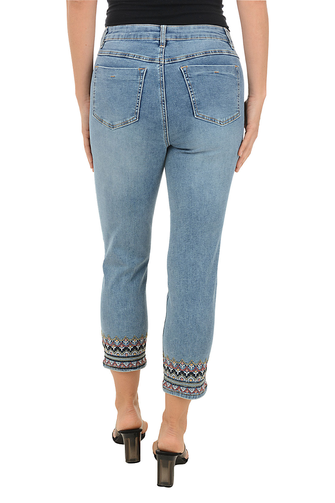 Stylish Women's Zigzag Embroidered Denim Crop Pants - High Waisted Distressed Jeans for Casual Outfits & Summer Fashion