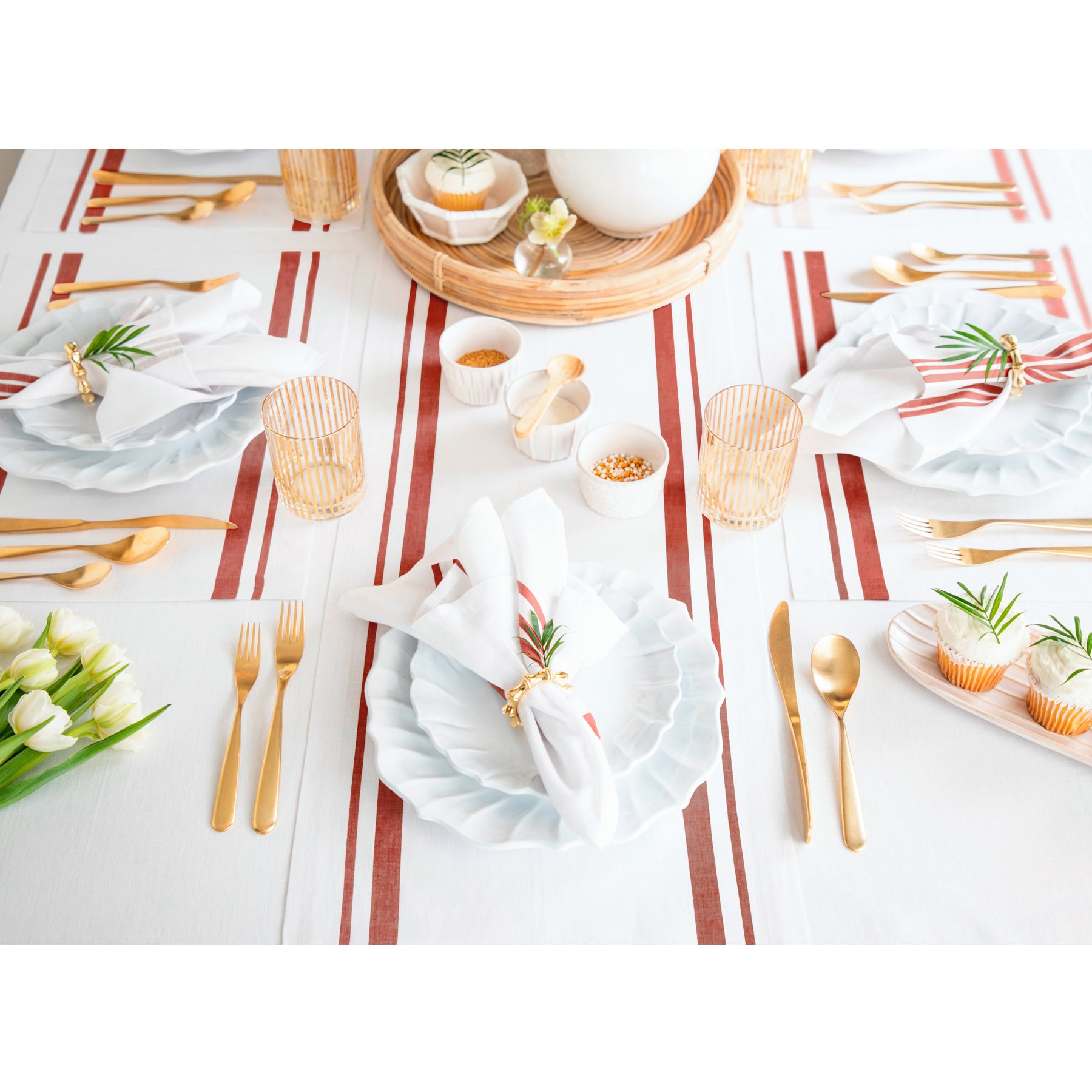 French Striped Table Runner - 16 Inch Wide Cotton Linen Blend for Dining Room Decor & Wedding Table Setting