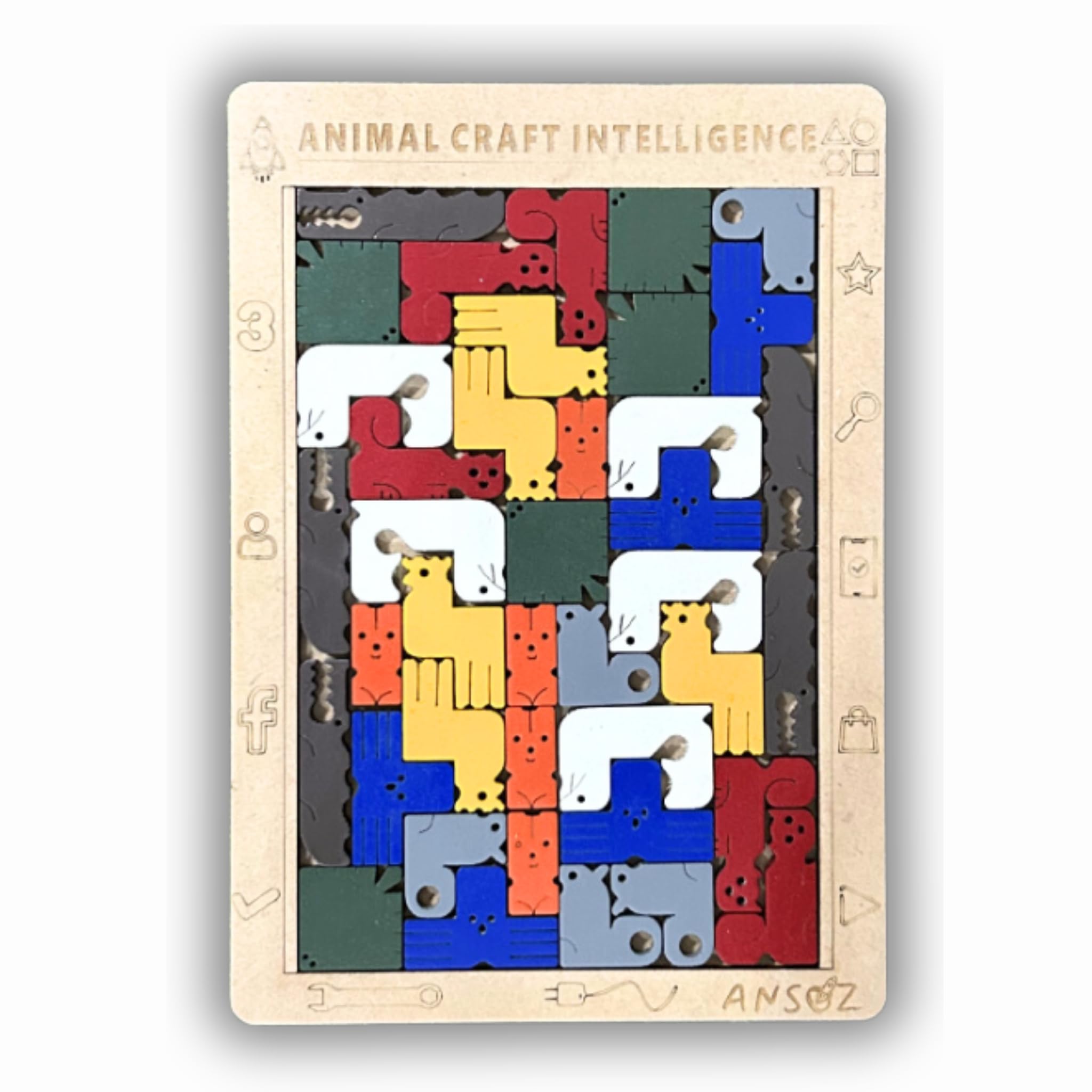 Ansoz Animal Tetris Puzzle for Kids - Montessori Educational Learning Toy | Wooden Jigsaw Puzzle for Toddlers & Preschool Children - Multicolor - Perfect for Classroom, Homeschool & Family Game Night