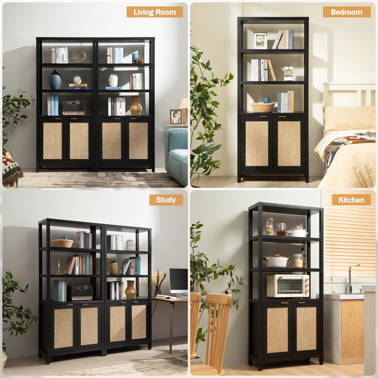 5-Tier Rattan Boho Bookshelf with Doors - 71