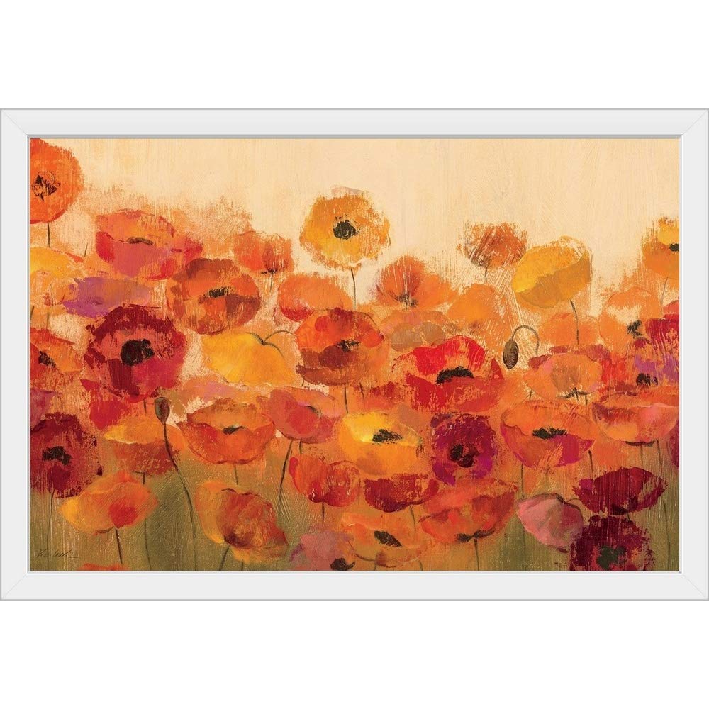 Summer Poppies White Framed Wall Art Print - Floral Poppy Painting for Home & Office Decor - Perfect for Living Room, Bedroom, or Gift