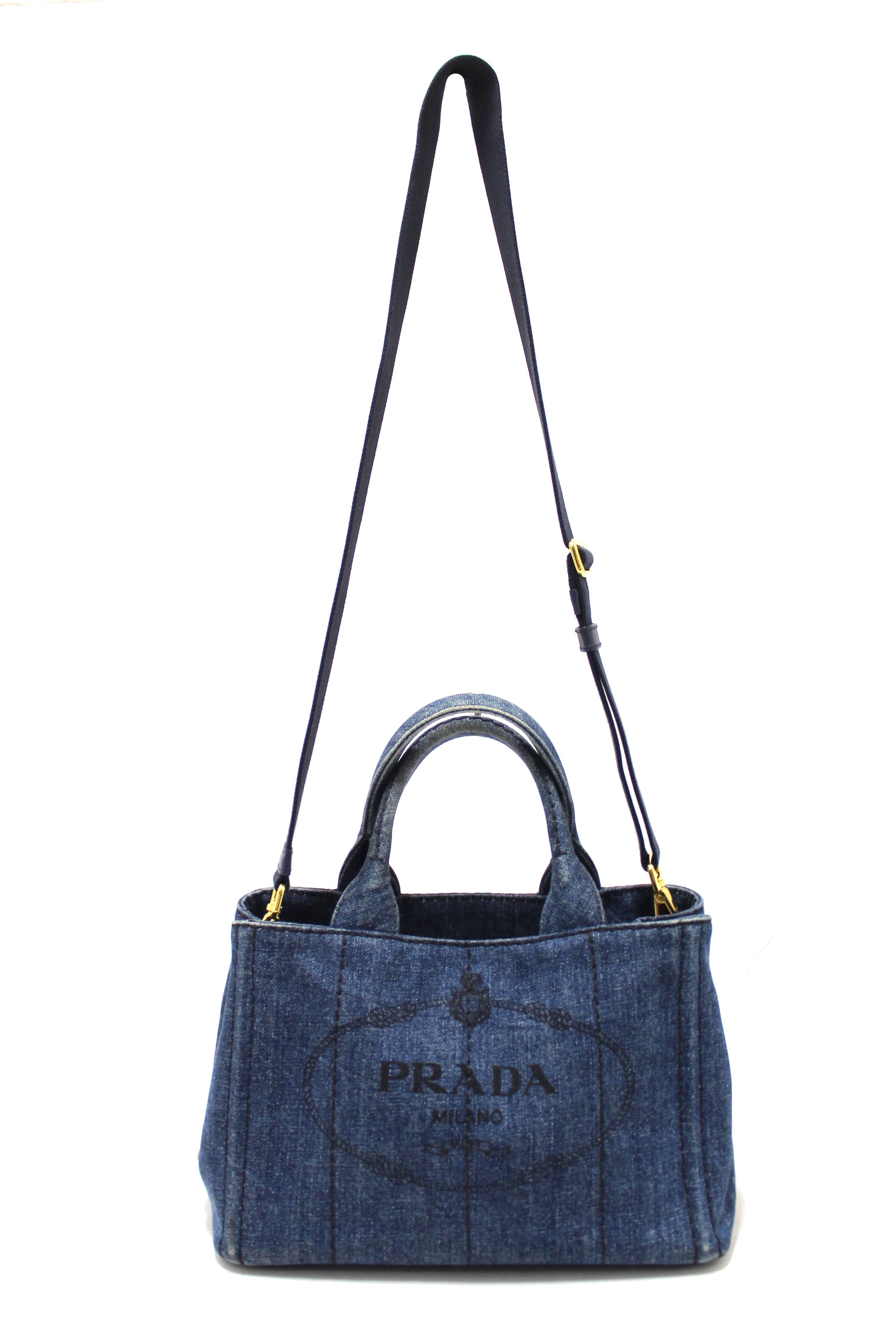 Authentic Prada Blue Denim Small Canapa Canvas Tote Bag with Long Strap - Luxury Designer Handbag for Women, Perfect for Work, Travel & Everyday Use
