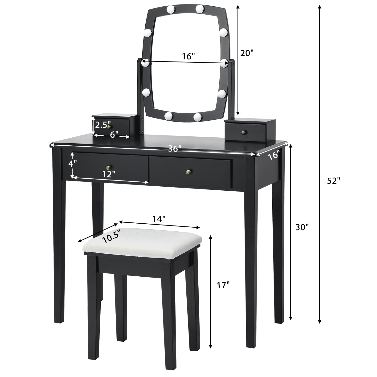 Charmaid Girls Makeup Vanity Desk with LED Mirror Lights - 10 Bulbs, 3 Lighting Modes, 4 Storage Drawers & Stool - Modern Dressing Table for Bedroom, Teen Room & Beauty Salon (Black)