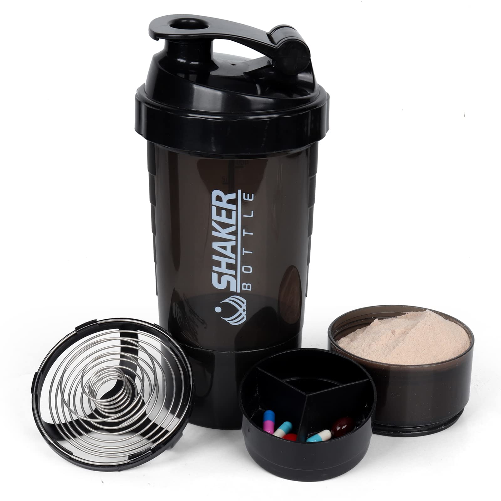 XTK 16OZ Protein Shaker Bottle with Mixing Ball - Leak Proof Gym Water Bottle for Protein Powder & Supplements - Includes Powder Storage & Pill Organizer - BPA Free (Black) - Perfect for Workout, Fitness, Bodybuilding & Sports Nutrition