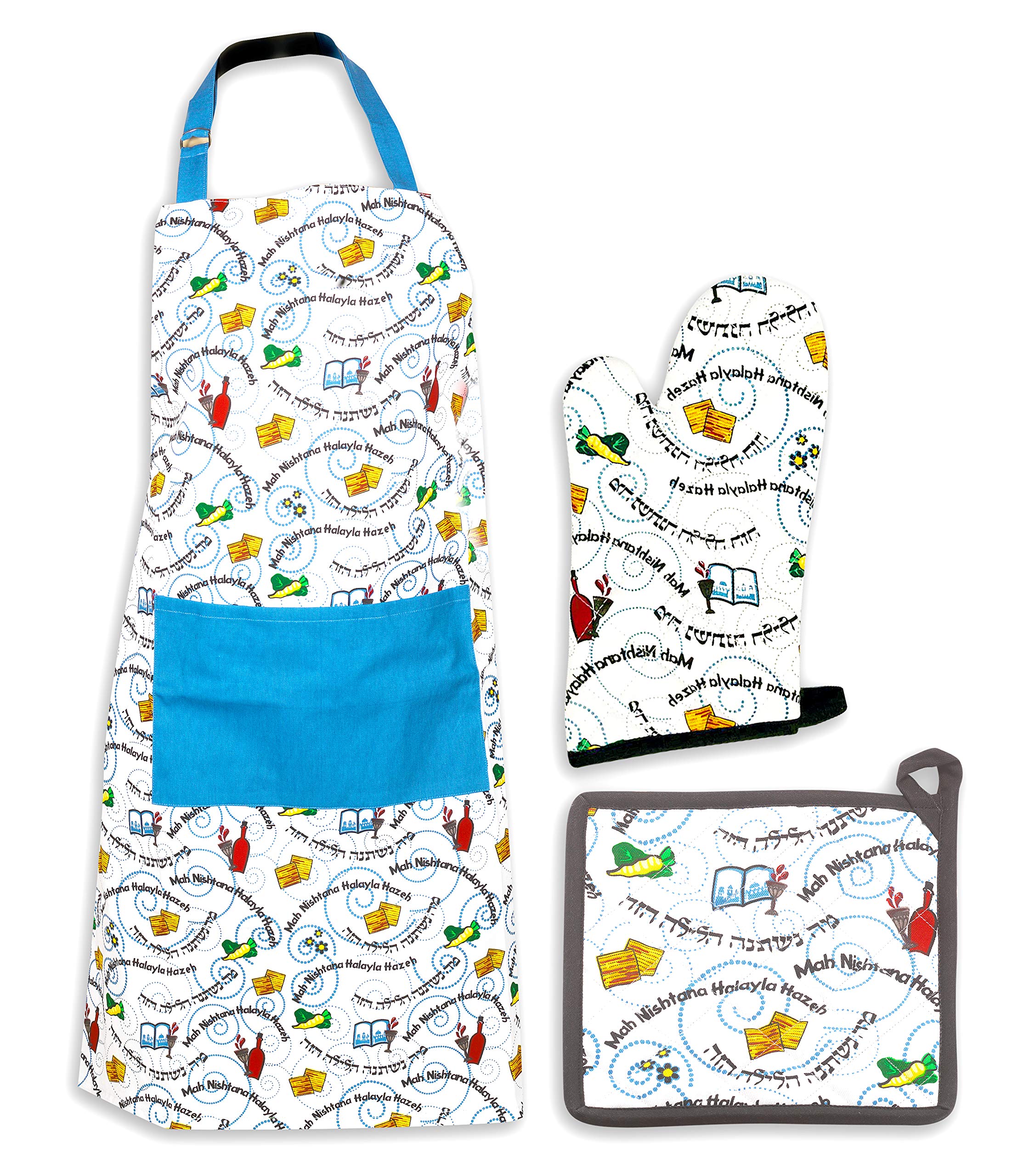 Passover Kitchen Linen Set with Mah Nishtana Four Questions Print - Apron, Pot Holder & Oven Mitt - Pesach Seder & Cooking Accessories for Jewish Holiday Celebrations